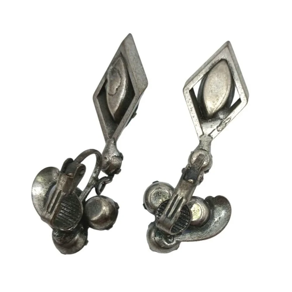 Vintage Rhinestone Dangle Earrings Blue Green Drop Clip-On‎ Jewelry